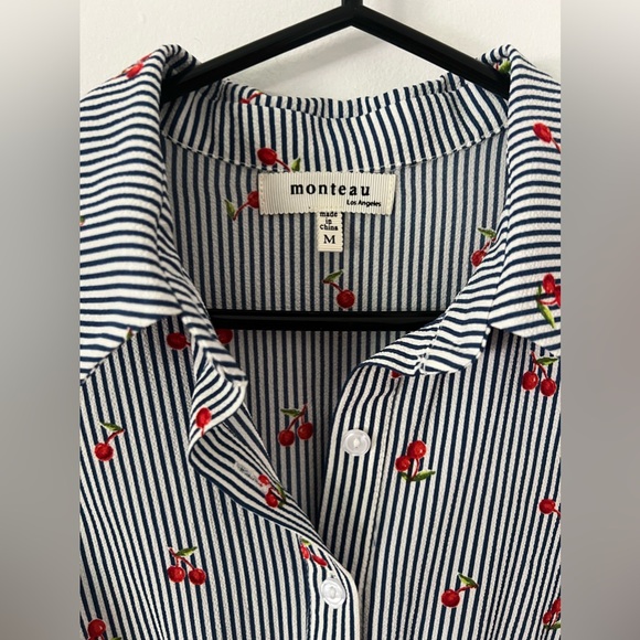 Monteau Dress Cherries Striped navy white m medium pockets buttons summer - Picture 5 of 13